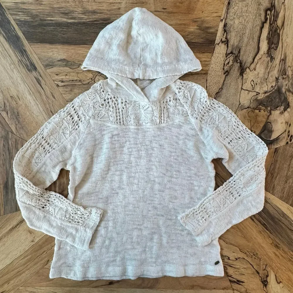 O'Neill Girls Cream Crochet Lace Sleeve Knit Hoodie Beach Coverup Sweater Large
